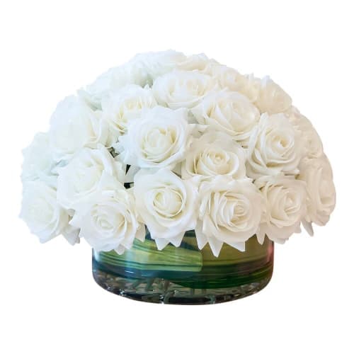 White Real Touch Rose Arrangement In Round Glass Vase image