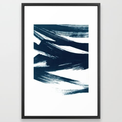 Gestural Abstract Indigo Blue Brush Strokes Art Print with frame 24" x 36" image