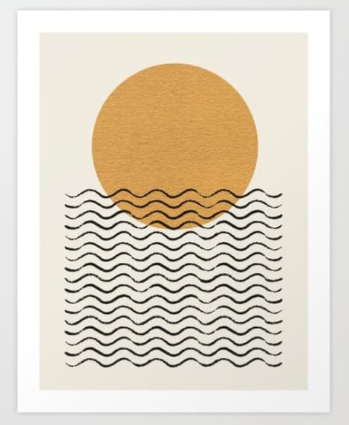 Ocean wave gold sunrise mid century style Art Print image