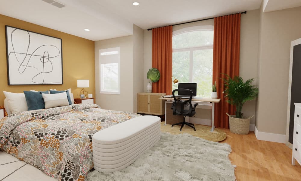 Warm Bedroom with Ochre Accent Wall