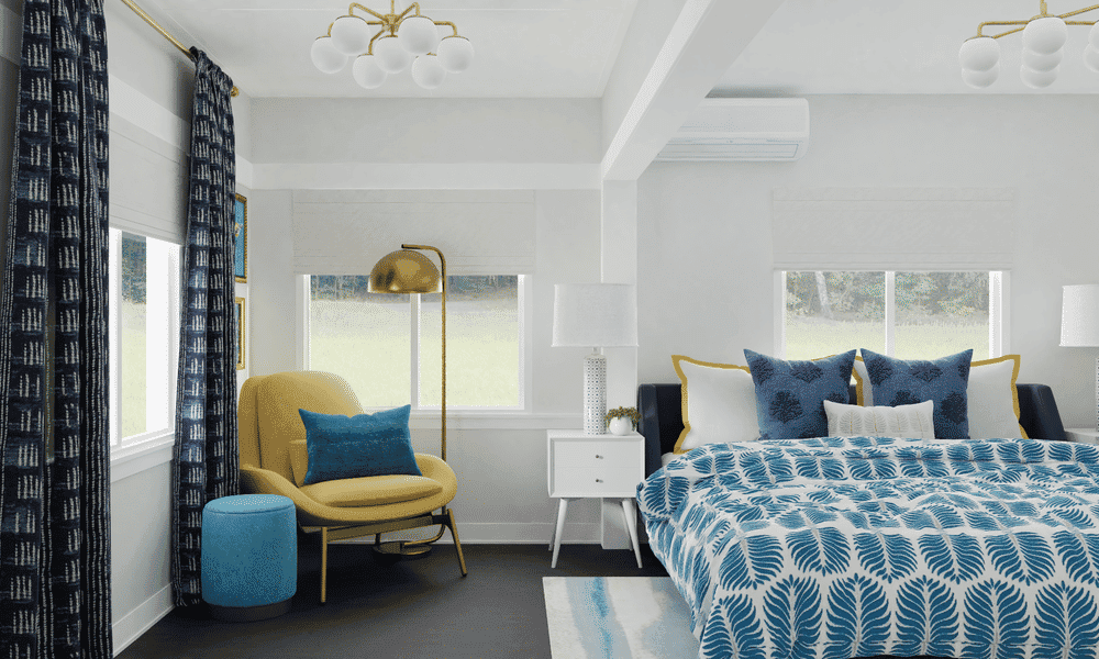 Cozy Bedroom with Bold Colors and Brass Accents